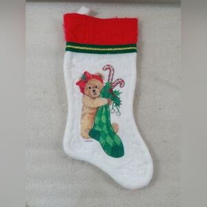 Vintage 1980s Santas Best White Felt Candy Cane Bear Christmas Stocking